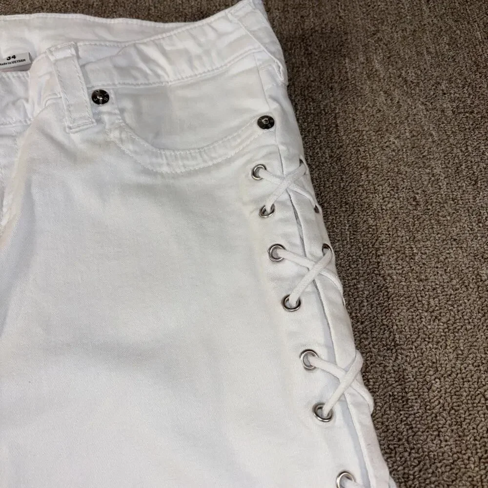 True Religion Lace Up Sides Jeans Men’s White Skinny Clean 34x26